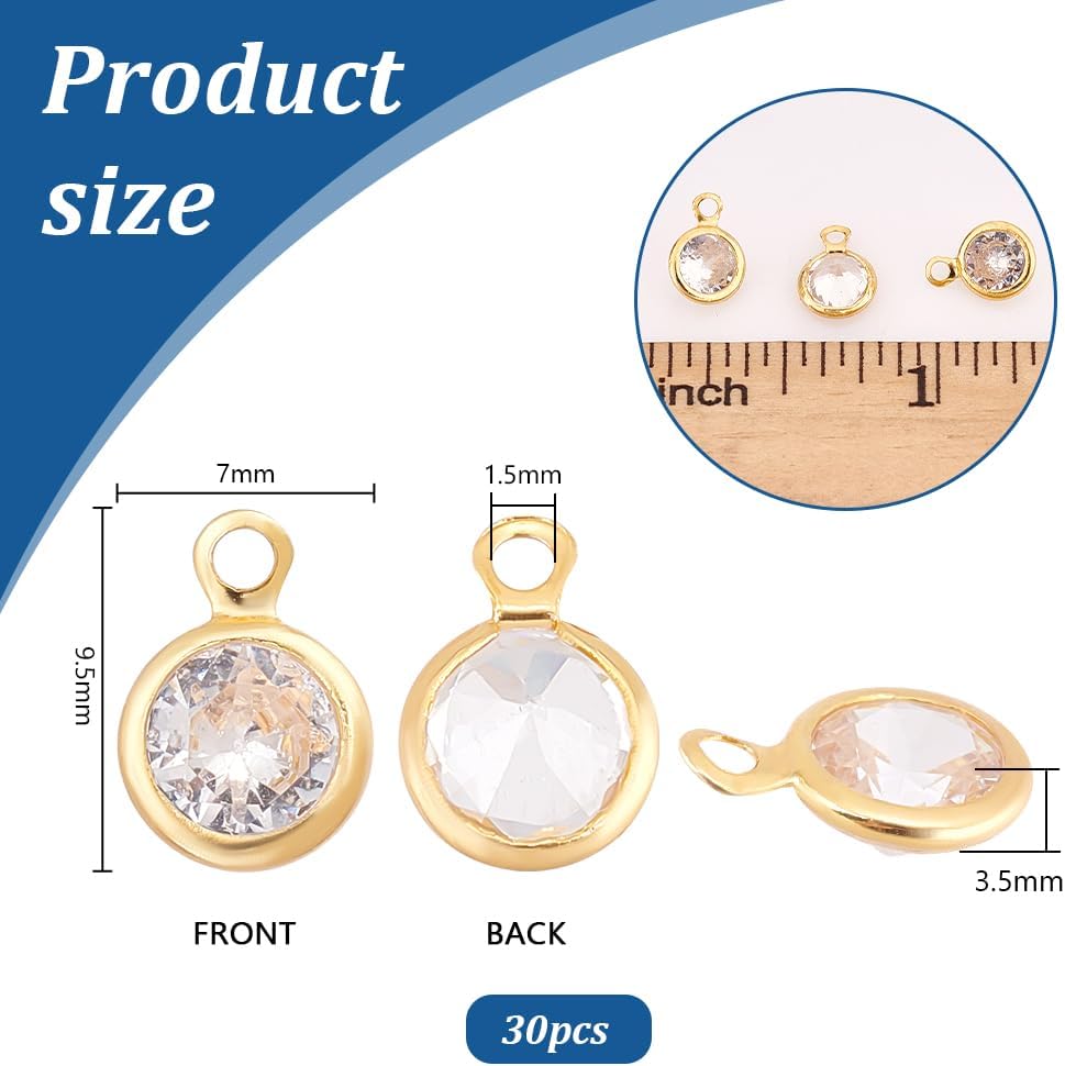 PH PandaHall 30pcs 18K Gold Plated Cubic Zirconia Charms, Golden Round Crystal Charms for DIY Crafts - Image 2