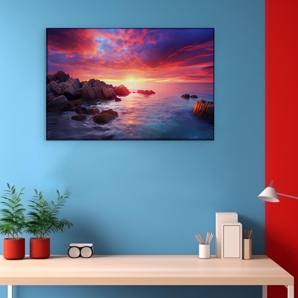 Canvas for Living Room. Sunset Serenade - Where Fiery Skies Kiss Tranquil Seas, 27 x 18 inch Canvas Wall Art - Contemporary Masterpieces - Modern Home Decor