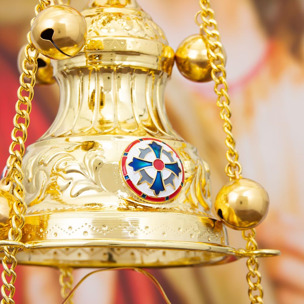 Bruciatore di incenso ortodosso in lega di zinco elettrolitico – Ornamento decorativo da appendere per cerimonia in chiesa con campane e simboli religiosi (croce)