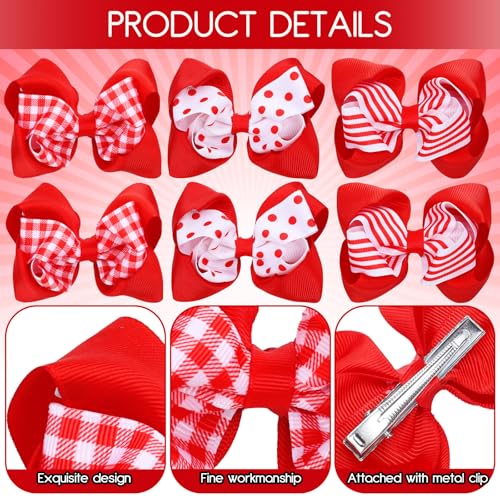 Image of Whaline 6 Pcs Red White Christmas Hair Bow Clips Red Plaid Stripe Dot Hair Barrettes Grosgrain Ribbon Alligator Clips for Girls Hairs Accessories Xmas Party, 3 Styles