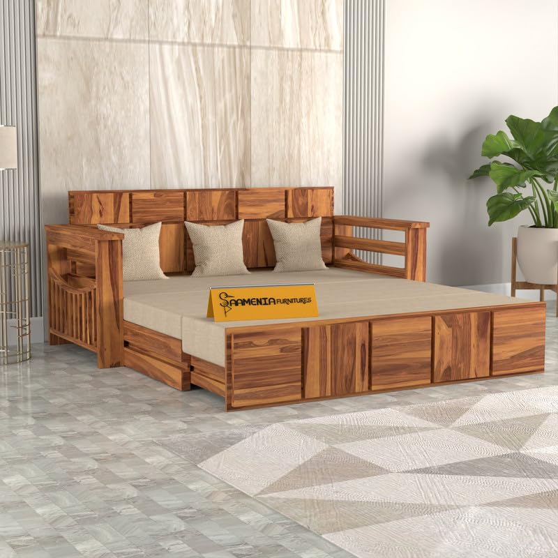 Image of Solid Sheesham Wood Sofa Cumss Bed with Storage | Rosewood 3 Seater Sofa Bed with Cushions | Convertible Sofa Bed for Living Room & Bedroom (Natural Finish)