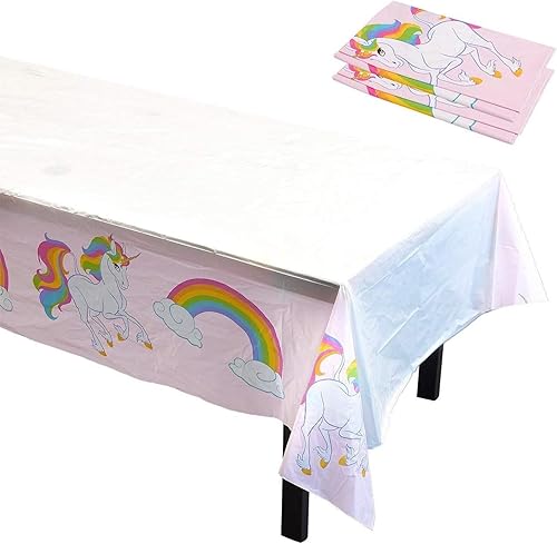 Miniatura 4 de BLUE PANDA Manteles de unicornio  Paquete de 3, 54 x 108 pulgadas, desechables de plástico rectangular rosa y blanco, decoración de cumpleaños y