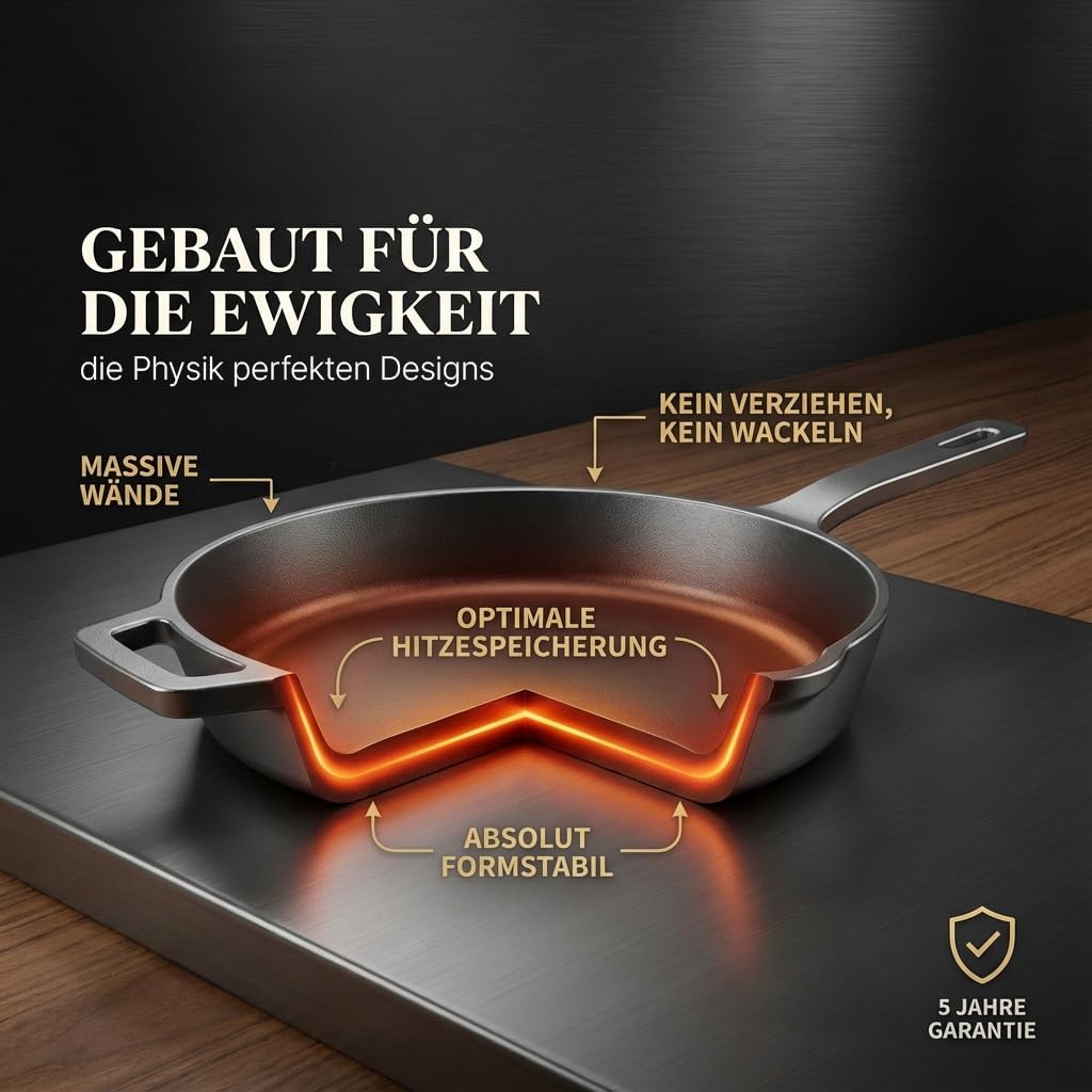 Ottia reine Gusseisenpfanne Induktion 28cm (ungeschliffen), mit eKochbuch, Pfannenwender, waschbarem Hitzeschutz, Gusseisen, Eisenpfanne, Cast Iron Pan, Händler aus Hamburg