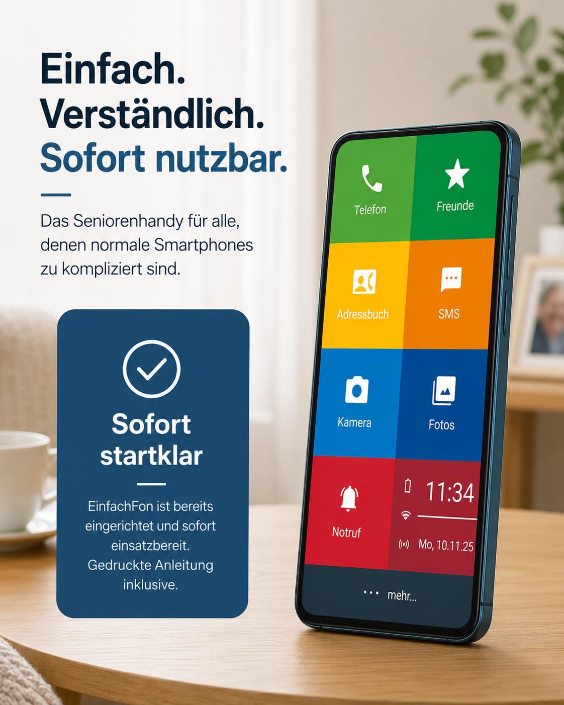 Senior - Smartphone Handy für Senioren – Einfache Bedienung, Große Tasten, Notruf mit GPS, Kamera, Lupe, Hörgeräte-Kompatibel