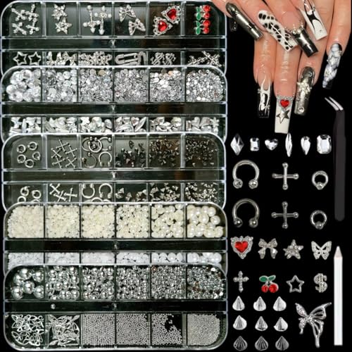 Silver Nail Charms Y2K Kit 5 Boxes 3D Nail Charms and Gems Rhinestones for Nail Art Accessories Silver Piercing Cross Charms for Nails Design Star Flatback Pearls Caviar Beads for Nails Decor