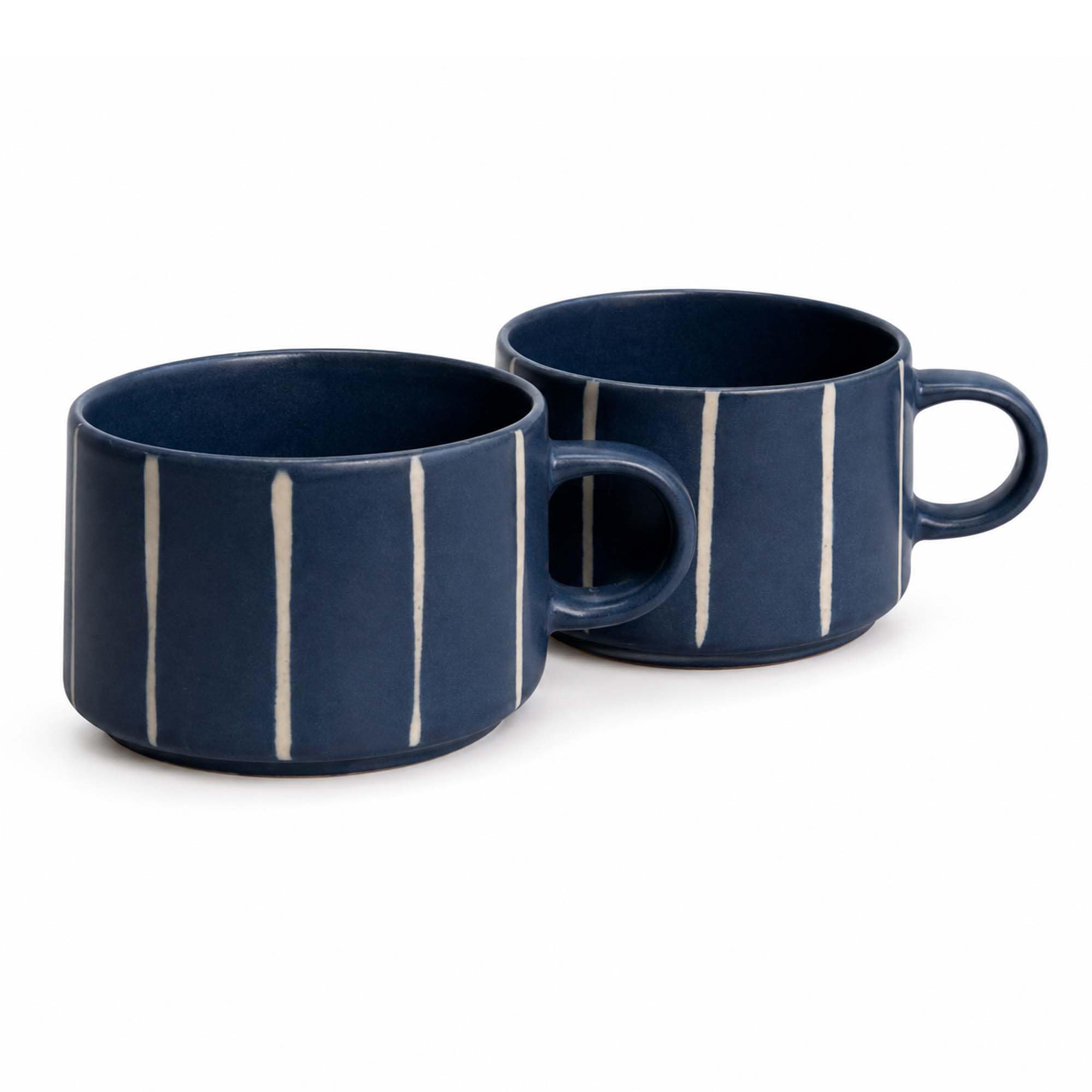 Upper Street Set of 2 Navy Blue Striped Reactive Glaze Ceramic Coffee Mug, 520ml Tea & Matcha Cups, Dishwasher & Microwave Safe, Scandinavian Style
