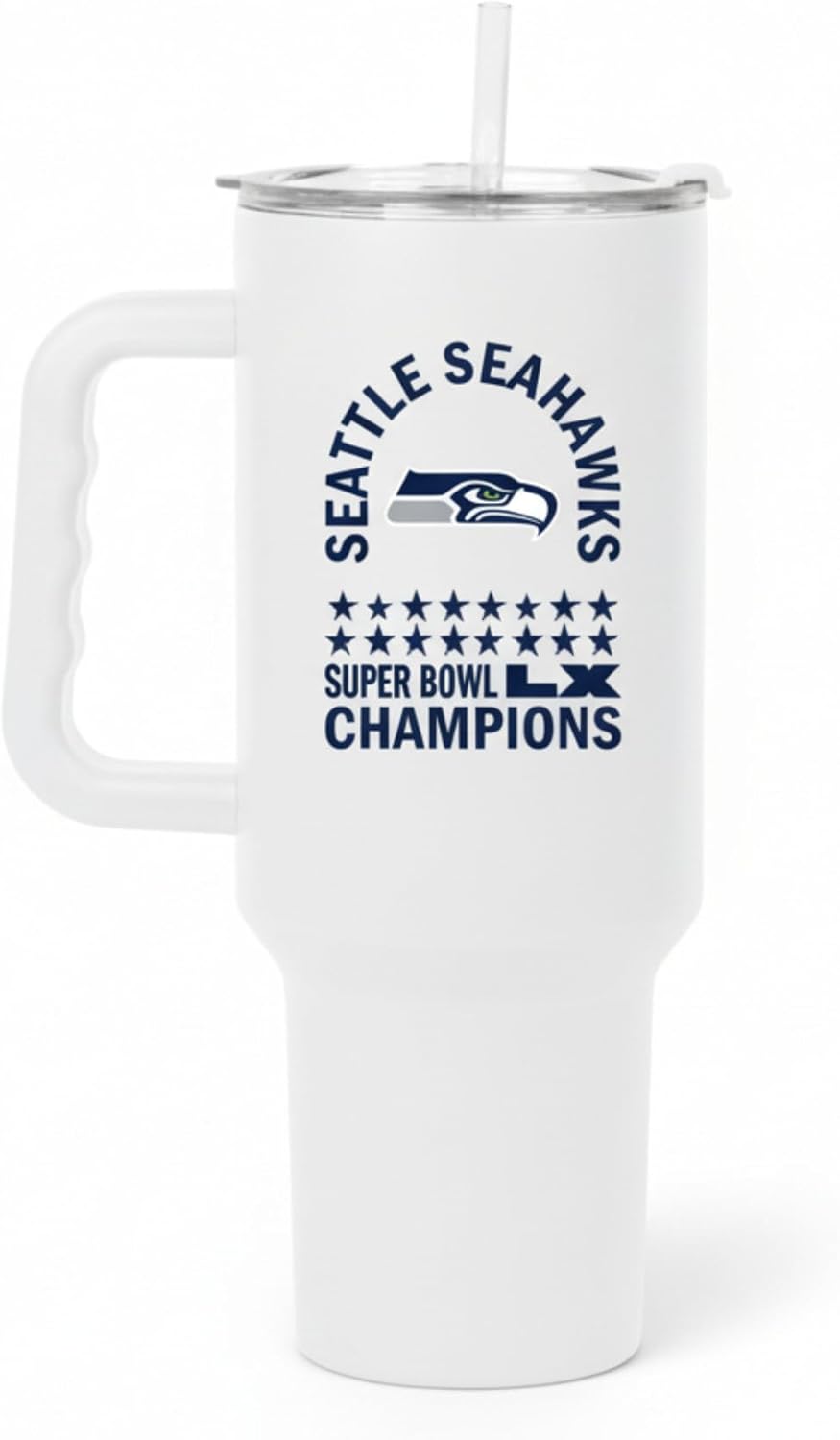 Logo Brands Seattle Seahawks Super Bowl LV Champions 40oz 18/8 Stainless Steel Tumbler with Handle & Straw Vacuum Insulated Travel Cup Keeps Drinks Cold 24h+