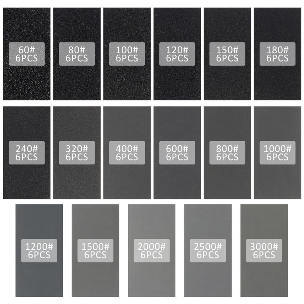 Assortiment de 102 Feuilles de Papier abrasif, Grain 60 à 3000, pour ponçage Automobile et Finition de Meubles, 14 x 7,5 cm