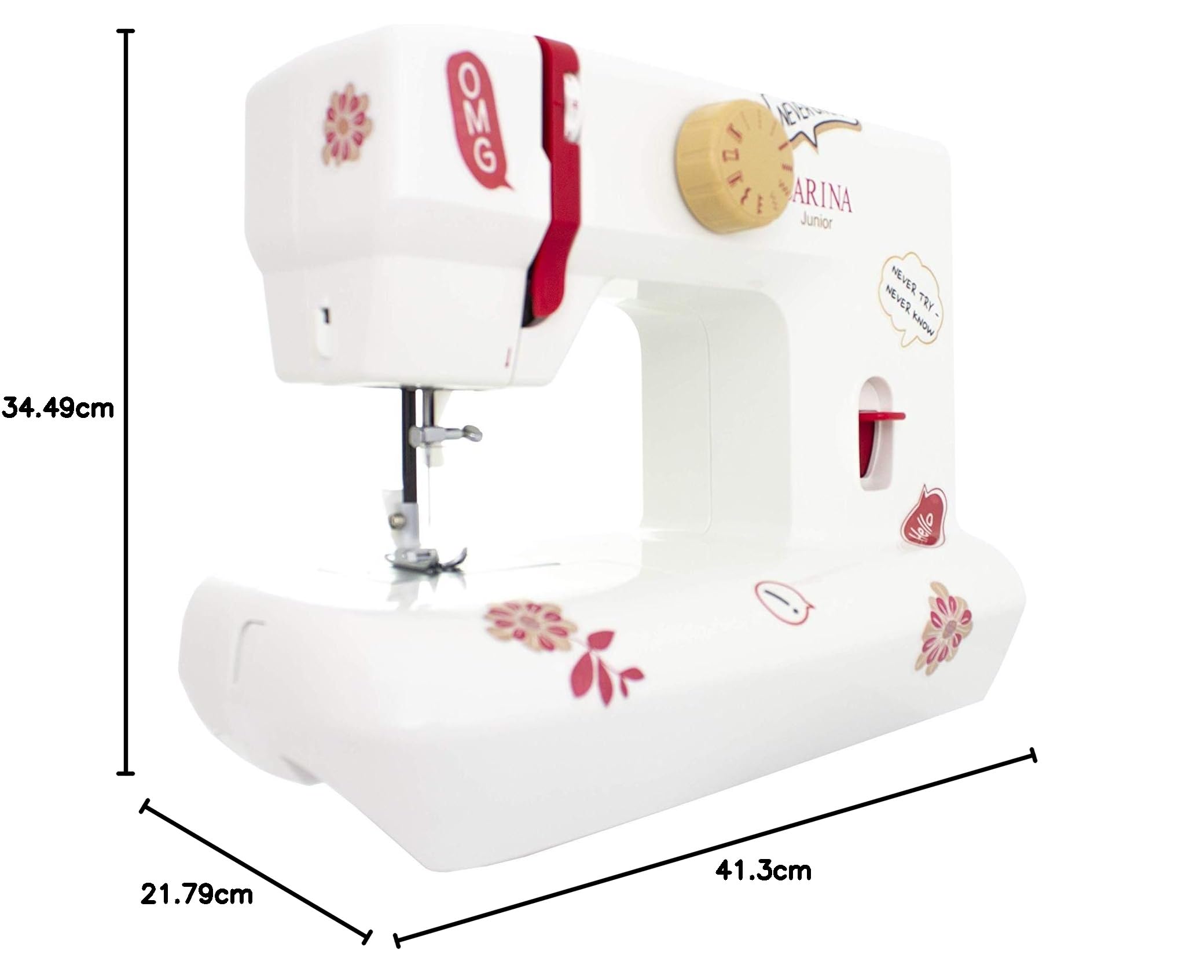 CARINA Nähmaschine Junior I 6 Stichprogramme I Auto-Fadenspannung & Fadenabschneider I LED-Nählicht I inkl. Stickerbögen I Kinder Nähmaschine (weiß)