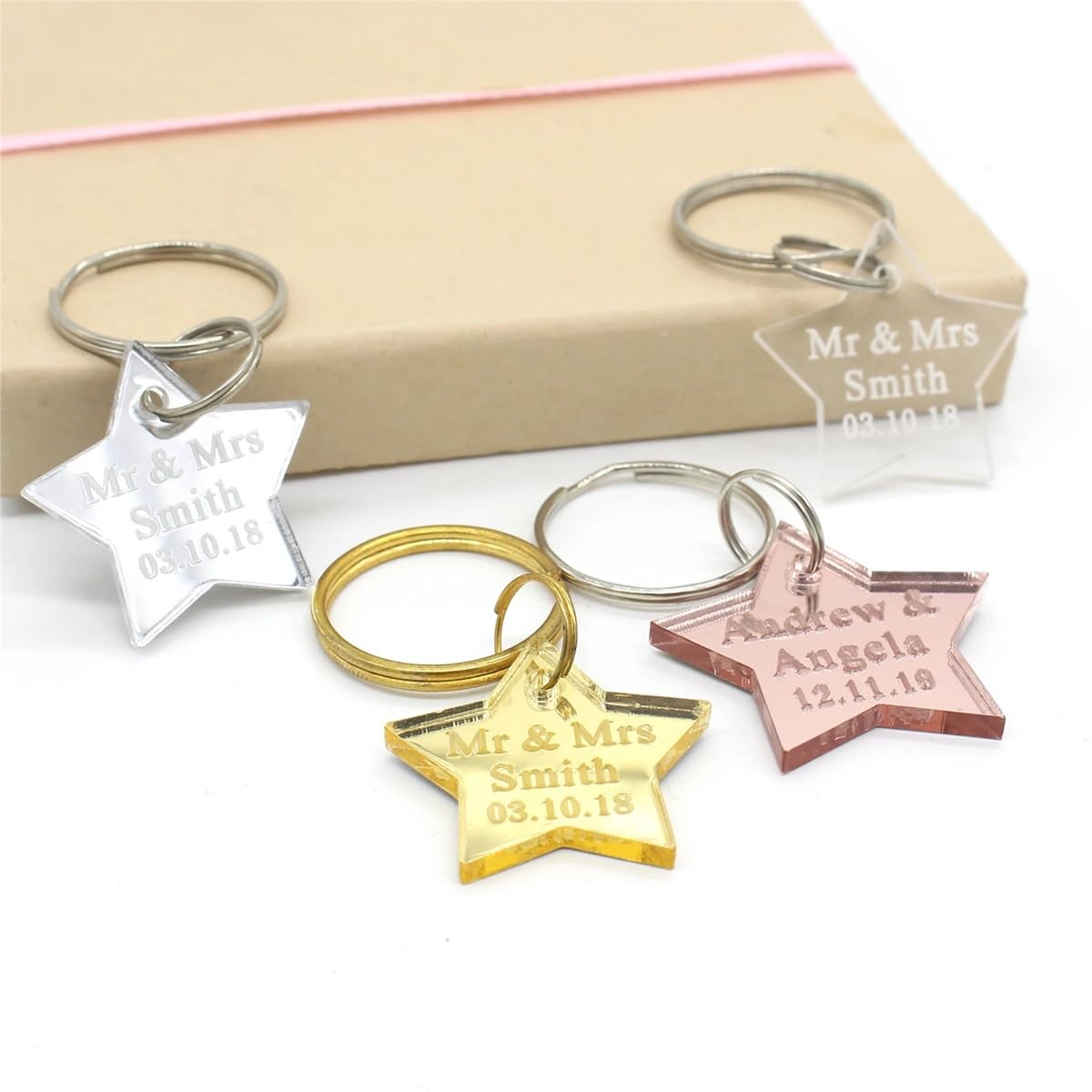 10/50/100Pcs Personalized Engraved Key Chain Star Birthday Party Favors Customized Baby Shower Keyring, Personalized Acrylic Mirror Tags Engraved Wedding Star Shaped Tags Cake Charms