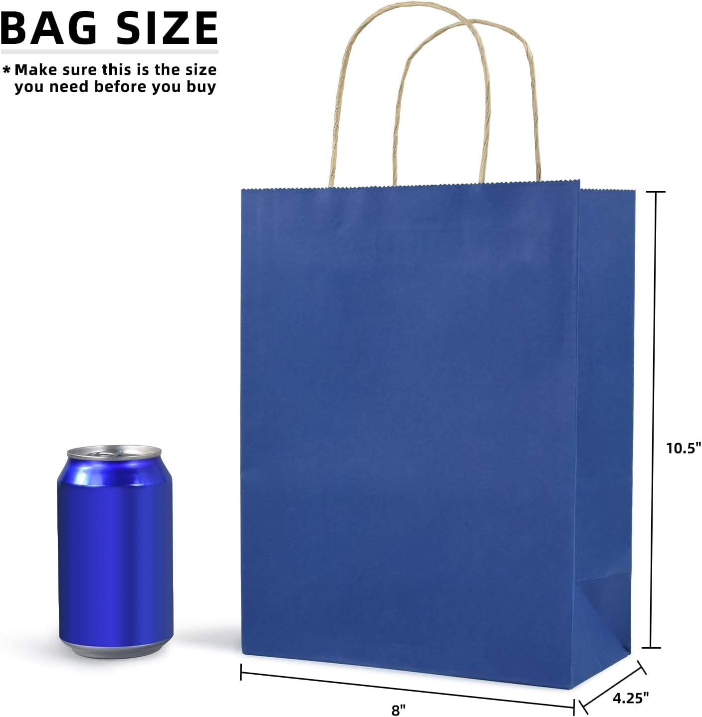 Klean & Conwenice Paper Gift Bags with Handles, 8x4.25x10.5 100Pcs Blue Bags Bulk, Medium Size Kraft Paper Bags, Wedding Gift Bag, Goody Party Favor, Retail Merchandise, Grocery Shopping