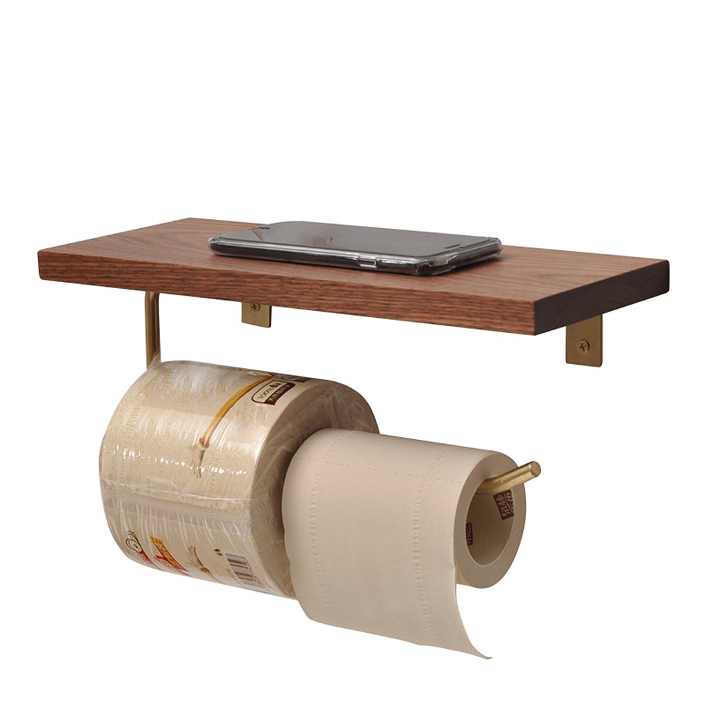 ZHEN GUO Toilet Paper Holder Tissue Roll Holder with Wooden Shelf for WC All Metal and Wood Construction Wall Mounted Brass Painting Finished (Color : Walnut, Size : 30 * 12cm)