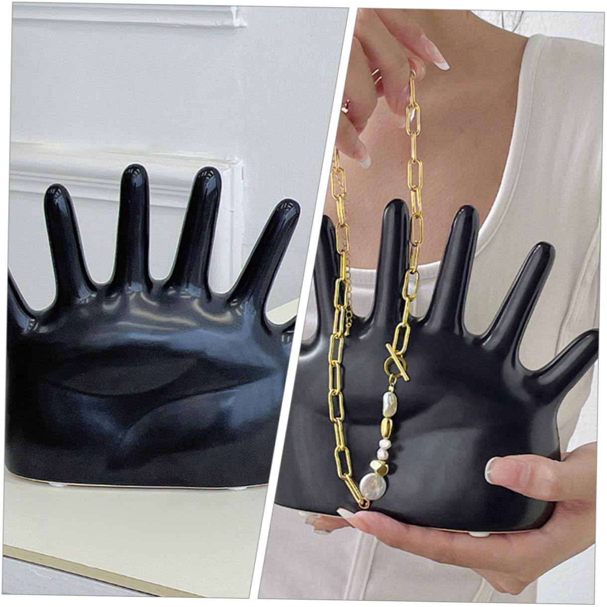 Baluue Keramik Ringhalter Handform Schwarz Schmuckständer Ringorganizer für Damen und Mädchen Platzsparender Schmuckhalter und Deko für Kommode und Fotorequisit