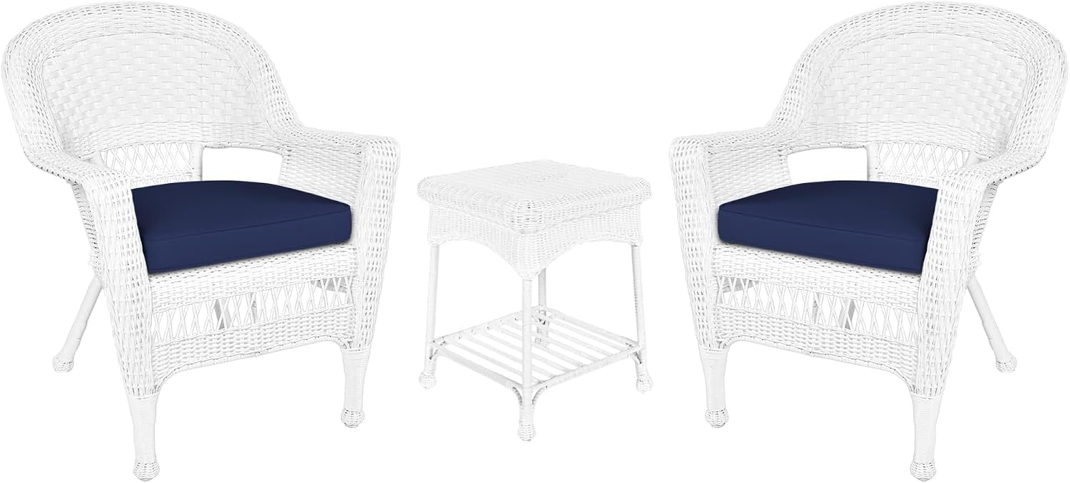 Jeco Carell Furniture 3 Piece Wicker Conversation Set in White with Blue Cushions