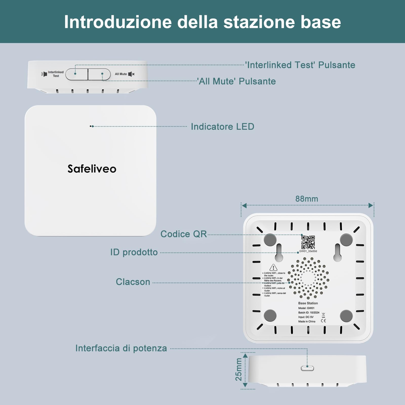 Safeliveo Rilevatore di fumo interconnesso WiFi, rilevatore di fumo con batteria da 10 anni, set da 5 con stazione base, certificato TUV Rheinland, set di allarme fumo con controllo tramite app