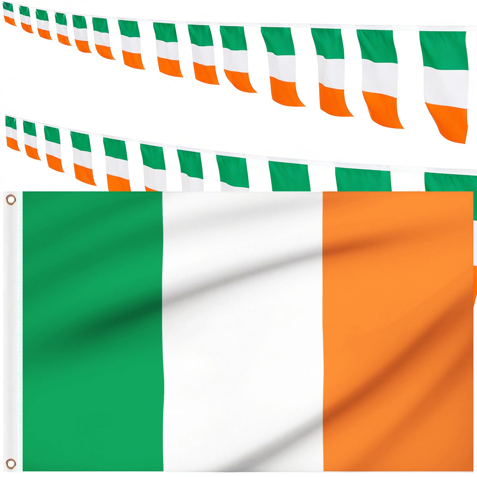 Irish Flag and Bunting Set - Large Ireland Flag 5x3 Ft with 12m Bunting (30 Flags) for St Patrick‘s Day, Pub Garden Decor, Outdoor Celebrations