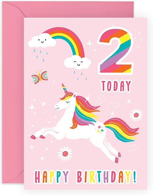 Central 23 2nd Birthday Card - Unicorn Birthday Card - Age Two - Gifts For Girls 2 Year Old - Comes With Fun Stickers