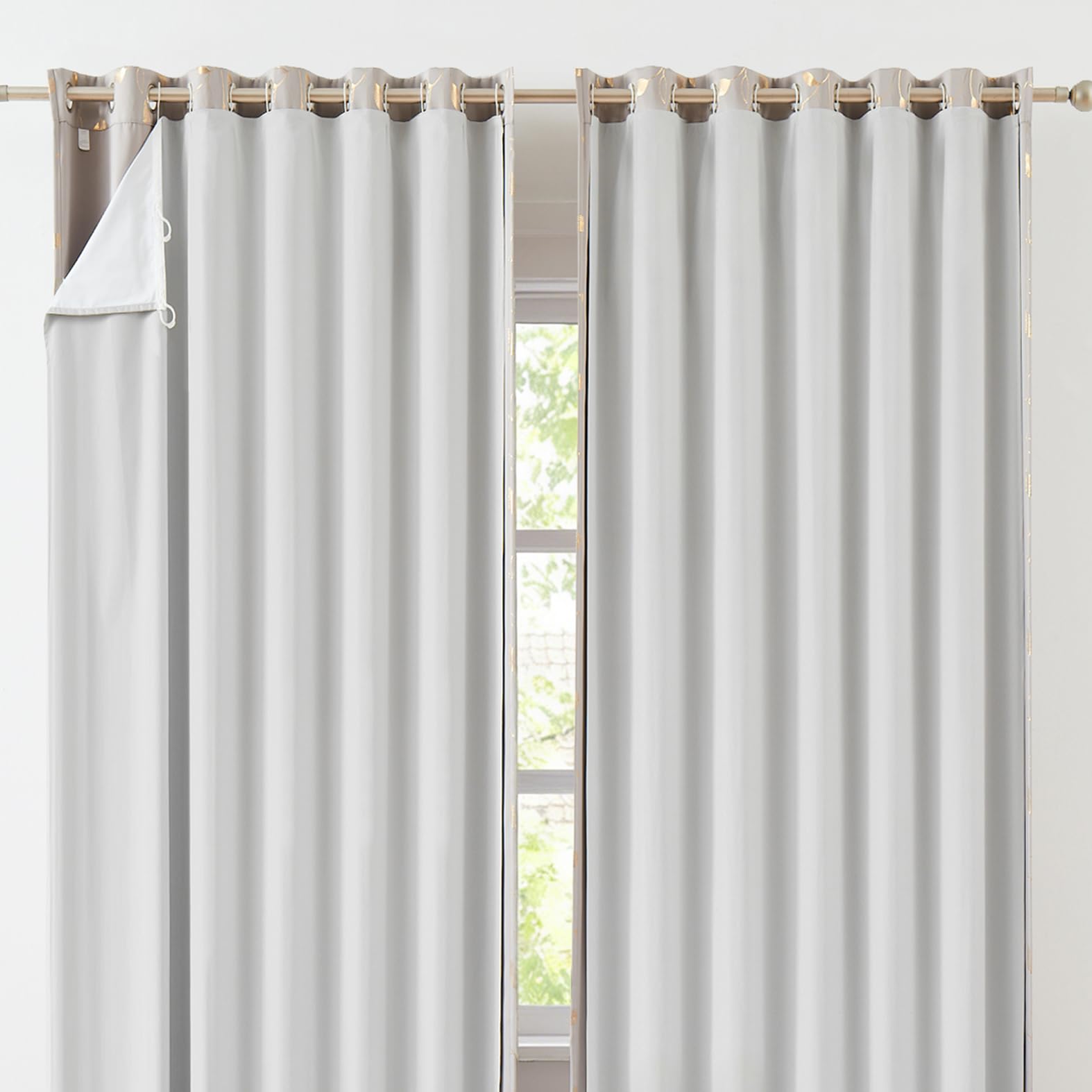 Bujasso Light Gray White 100% Blackout Curtain Lining Thermal Insulated Window Drapery Liner for Bedroom Living Room Light Blocking Heat Cold Protection Solid Color 2 Panels with Hooks 90" W x 70" H