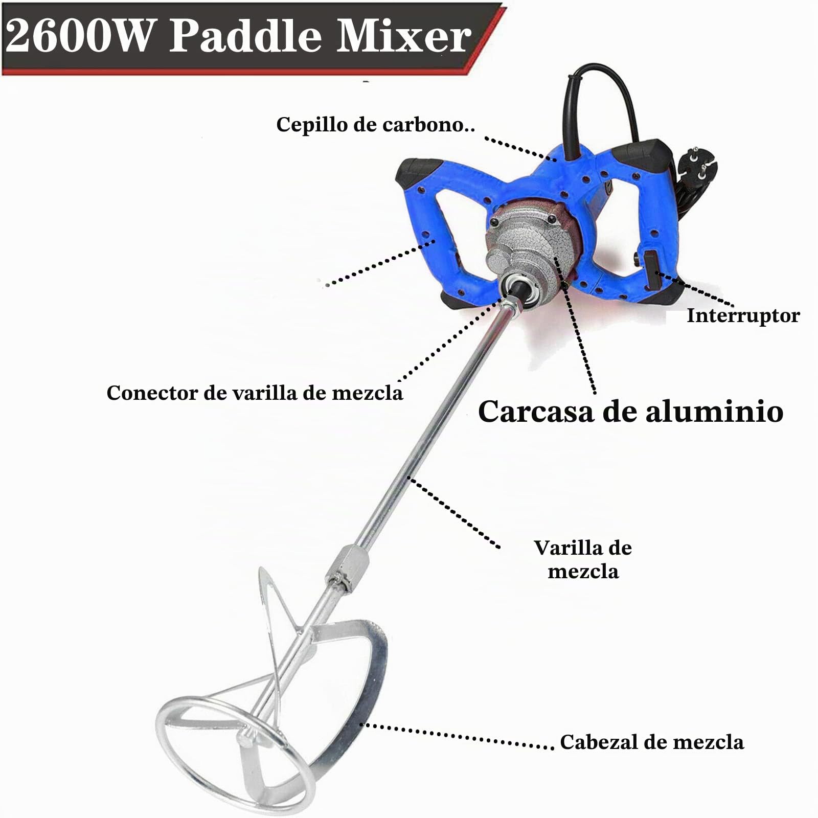Mezclador manual de 2600 W, mezclador de concreto, portátil de cemento de cemento ajustable, 6 Speed Paint Mixer, 230 V Pádel Drill Mixer Stirring Tool for Mortar Grouts Paint Cement Plastering