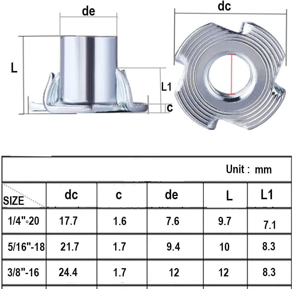 T Nuts 5/16-18(100 Pack), 5/16" Barrel Length,4-Pronged tee Nuts for Wood Furniture, Rock Climbing Holds, Cabinetry (5/16"-18)
