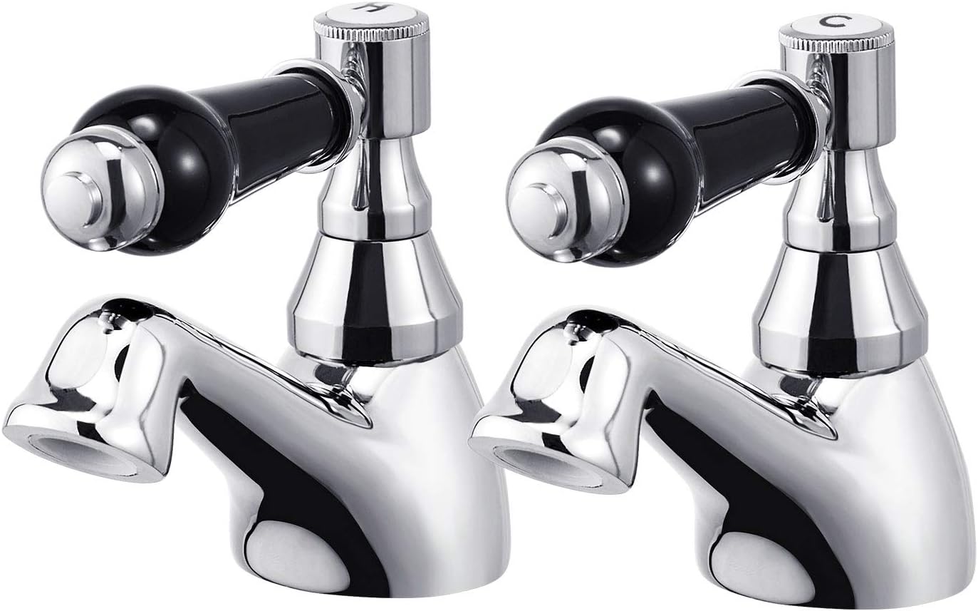 Basin Taps in Pair Black Ceramic Lever Bathroom Sink Tap Mixers Chrome Brass Traditional Classic Twin Bathroom Taps