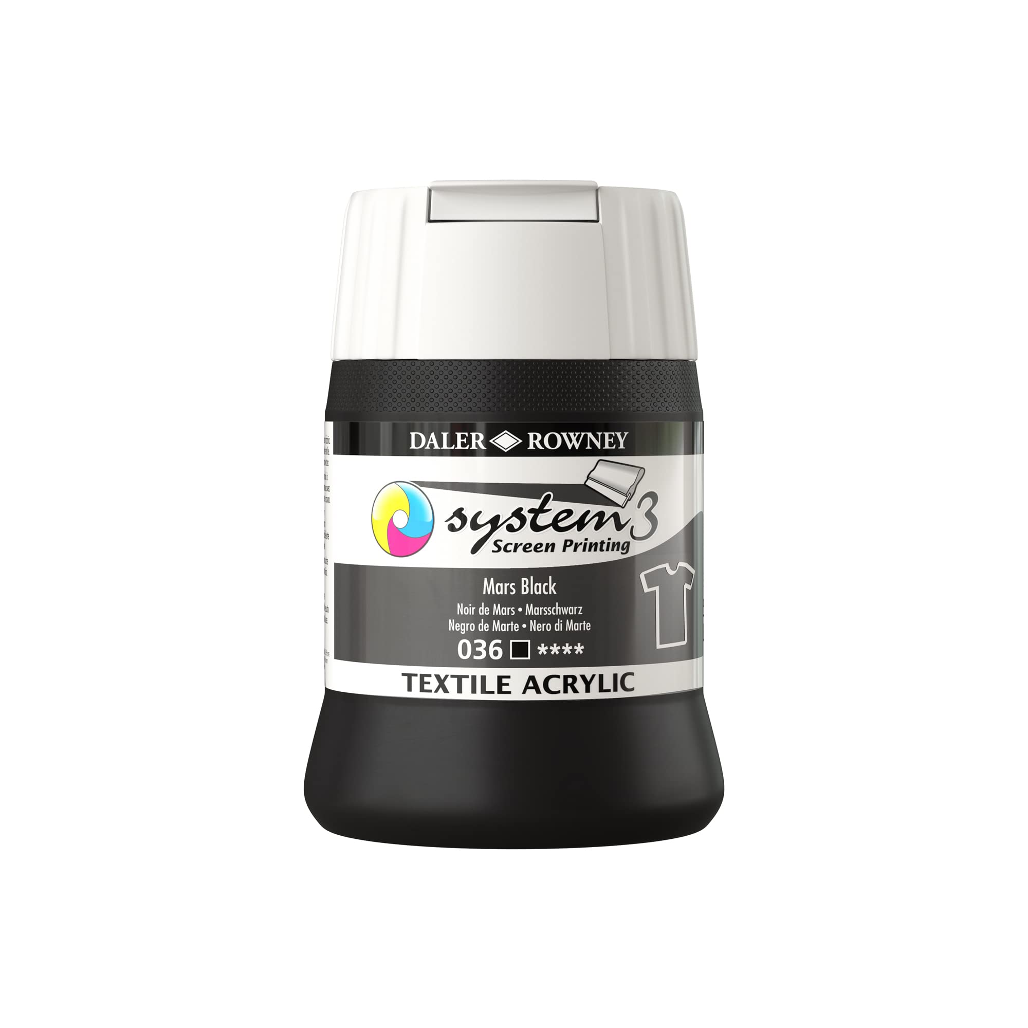 Daler-Rowney System3 Textile Acrylic Screen Printing Ink, Plastic Pot, 8.45oz - 250 ml, Mars Black
