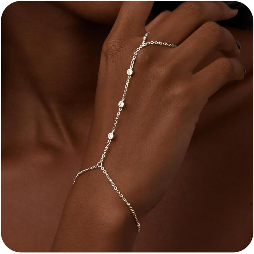 Gokeey Gold Silver Hand Chain Bracelet for Women, Ring Bracelet Hand Chain Dainty Finger Ring Slave Bracelet Gold Silver Hand Jewelry for Women Trendy