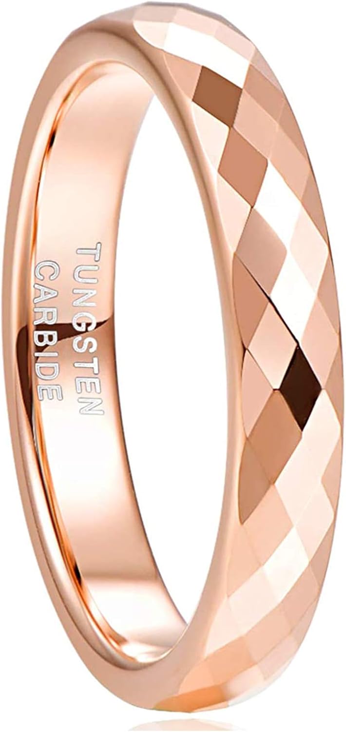 Greenpod 4MM Tungsten Carbide Rings Faceted Edge Dome Polished Rose Gold Plated/Black/24K Gold Plated/Silver Wedding Band Comfort Fit for Women Size 5-12