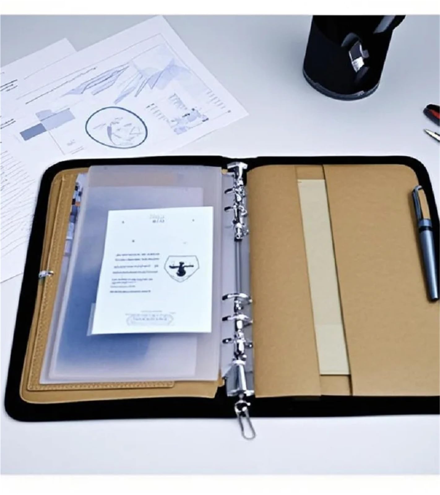 Documentos de cuero Organizador de cuero A5 con cremallera, carpeta portafolios, 6 anillas, hojas sueltas, funda for cuaderno, bolsa almacenamiento cierre hermético(Black)