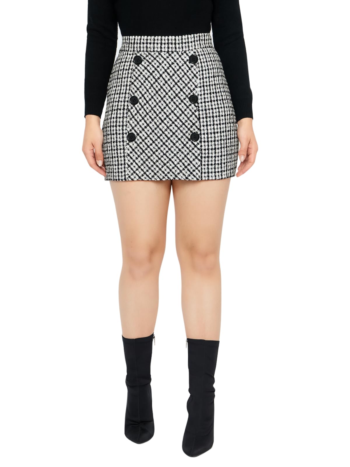Martini Women Western Short Skirt | Mini | Pure Wool | Pencil | Check | Stylish Winter Wear (Black White)-image-25