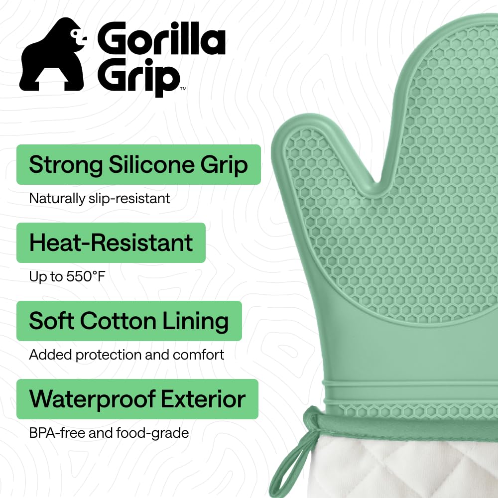 GORILLA GRIP Manoplas de horno de silicona suave sin BPA, guantes de seguridad impermeables resistentes al calor 550F, forro de algodón grueso, agarre flexible para barbacoa, juego de agarraderas de