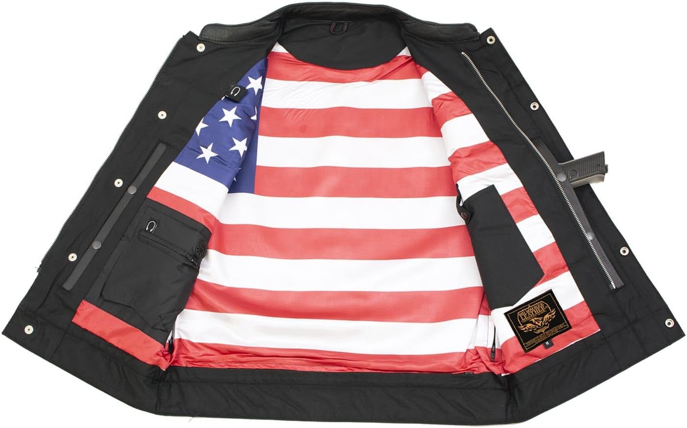 Milwaukee Leather LKM3780 Men's Black Premium Leather Motorcycle Rider Vest w/Red Stitching and USA Inside Flag Lining - Small