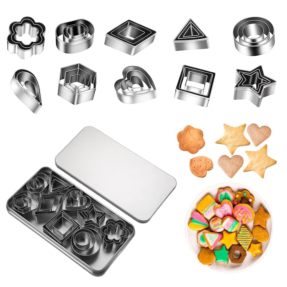 30-Piece Geometric Shapes Cookie Cutter Set - Stainless Steel Cutters for Baking, Pastry Dough, Pie Crust, Fondant, and More - for Creating Star, Flower, Hexagon, Heart, Oval Designs