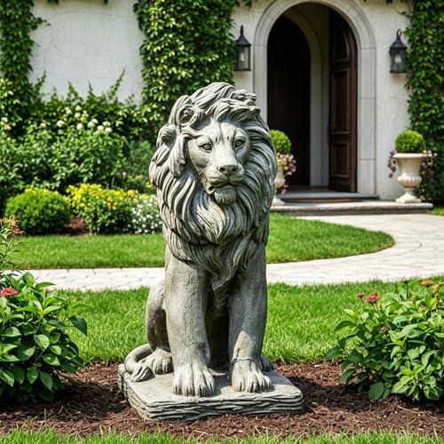 FlowLuxe Large Lion Statue- 22.8 Tall Guardian Seated Lion Outdoor Statues Fiber Reinforced Concrete Indoor and Outdoor Sculpture Decoration for Home EntranceGarden Patio Backyard Yard Porch