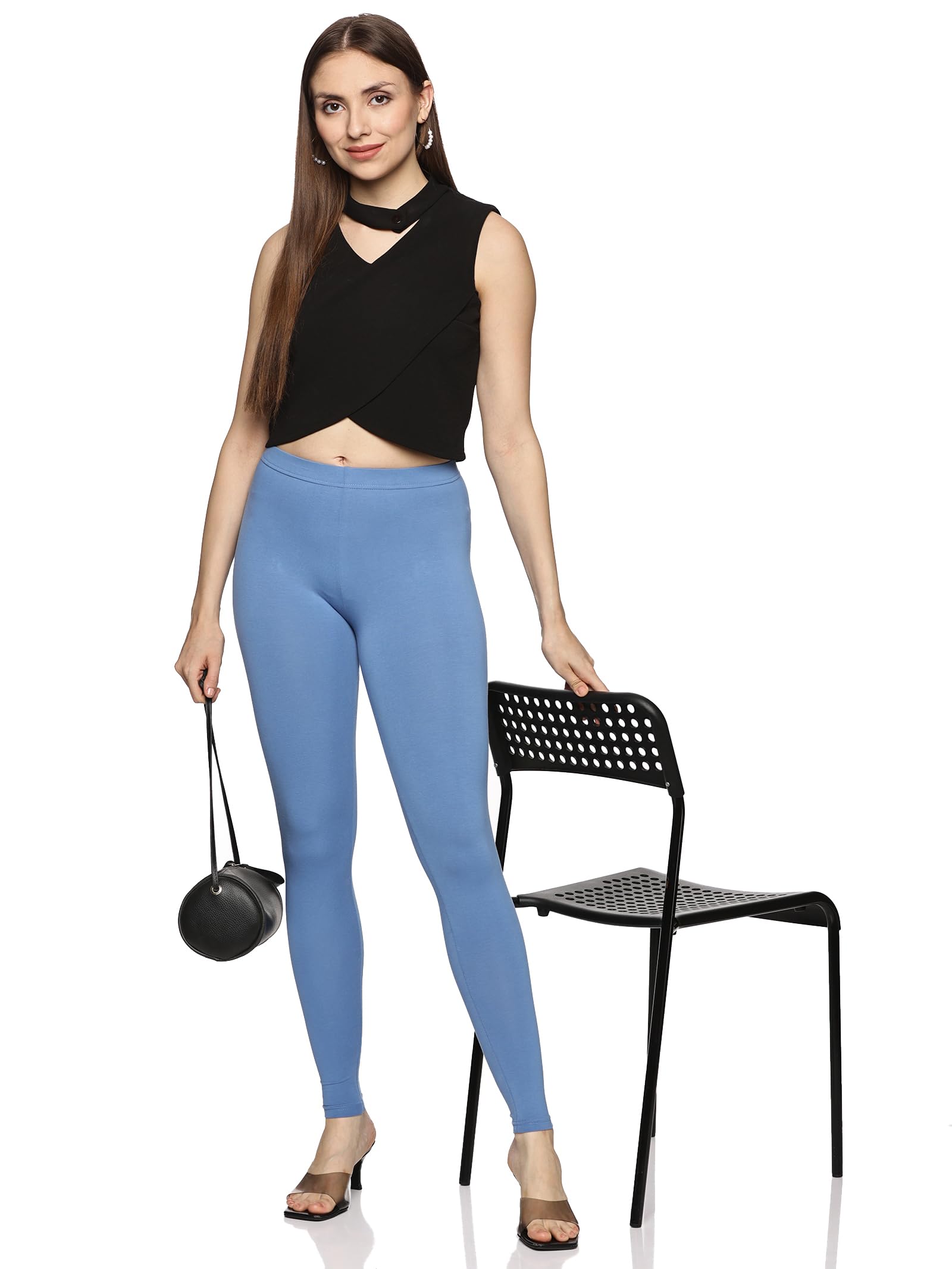 Mid Rise Slim Fit Blue Leggings for Women Ankle Length-image-28