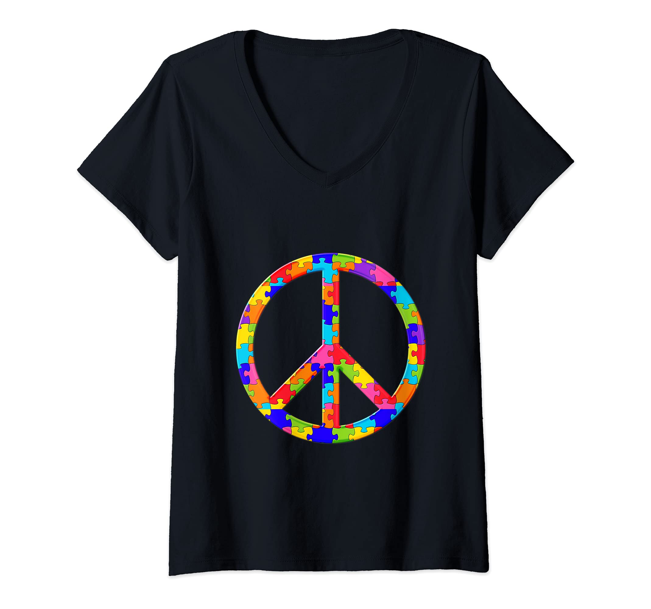 Womens Peace sign Jigsaw Autism Puzzle V-Neck T-Shirt