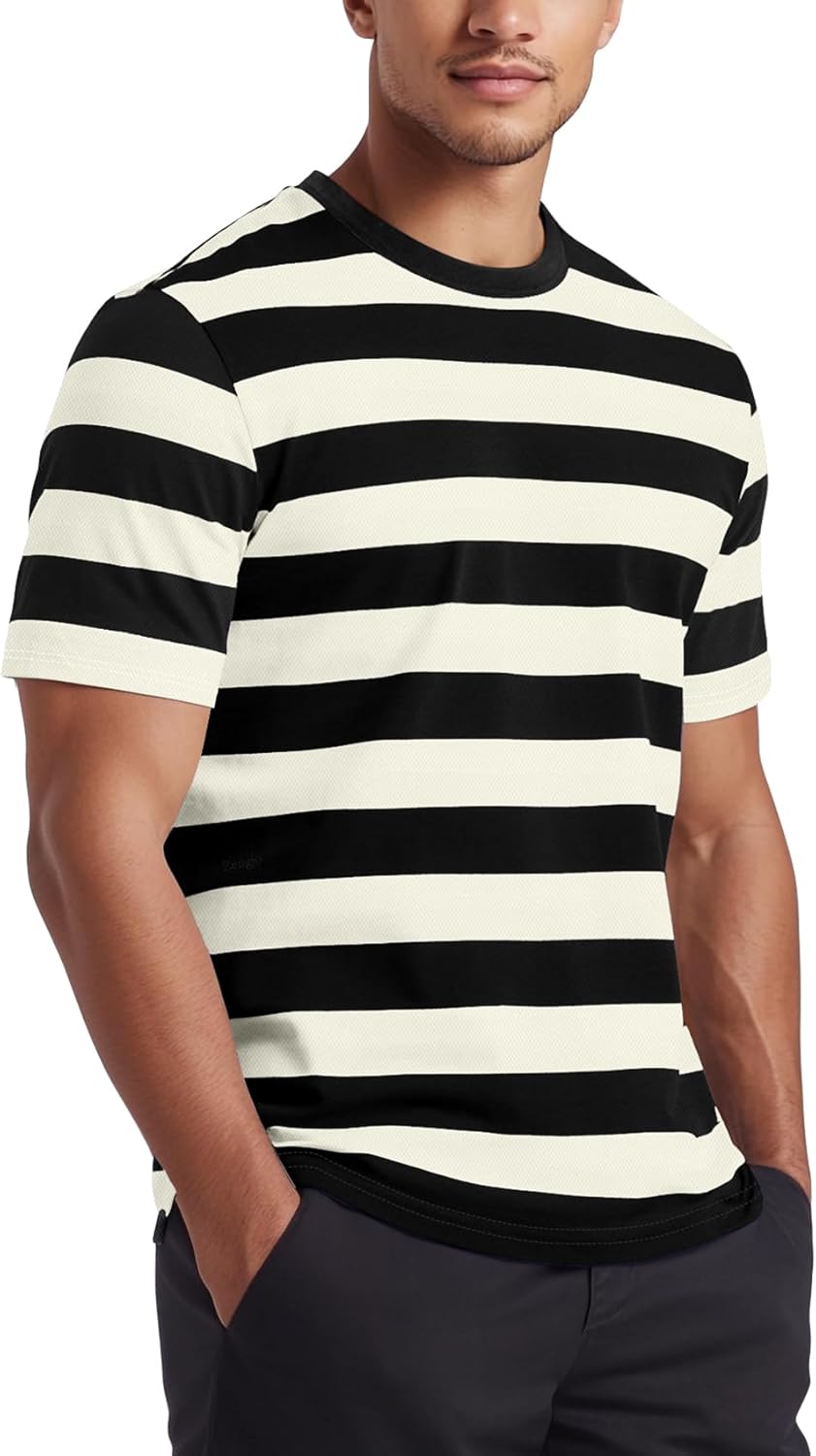 Zengjo Mens Striped Shirt Short Sleeve Crewneck Casual Tri-Blend T-Shirts Regular Fit Textured Stripe Tee