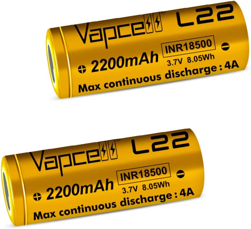 L22 18500 2000mah 4A 3.7V Flat top Rechargeable Batteries (Pack of 2)