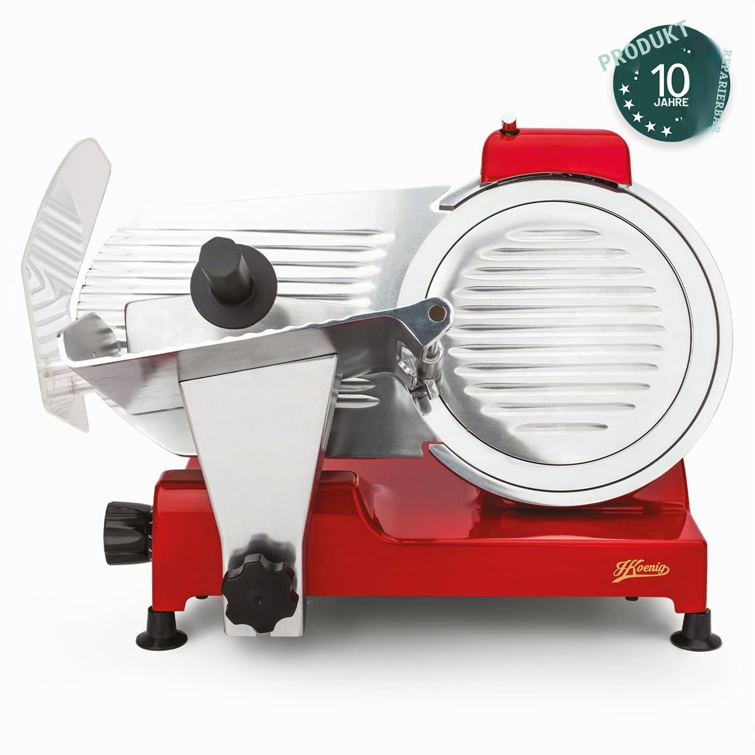 H.Koenig Elektrischer Fleischschneider MSX254, Wurstwaren, professionell, präzise,Schnitt 0-12 mm,Klinge 25 cm,eingebauter Schärfer,breite Platte,282 rpm, Rot