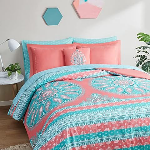 Degrees of Comfort Twin XL Complete Comforter Sets for Teen Girls, Boho Medallion Bed in A Bag, Microfiber Bedding Set with Side Pockets, Matching Decorative Pillow, 6 Piece Coral Cover