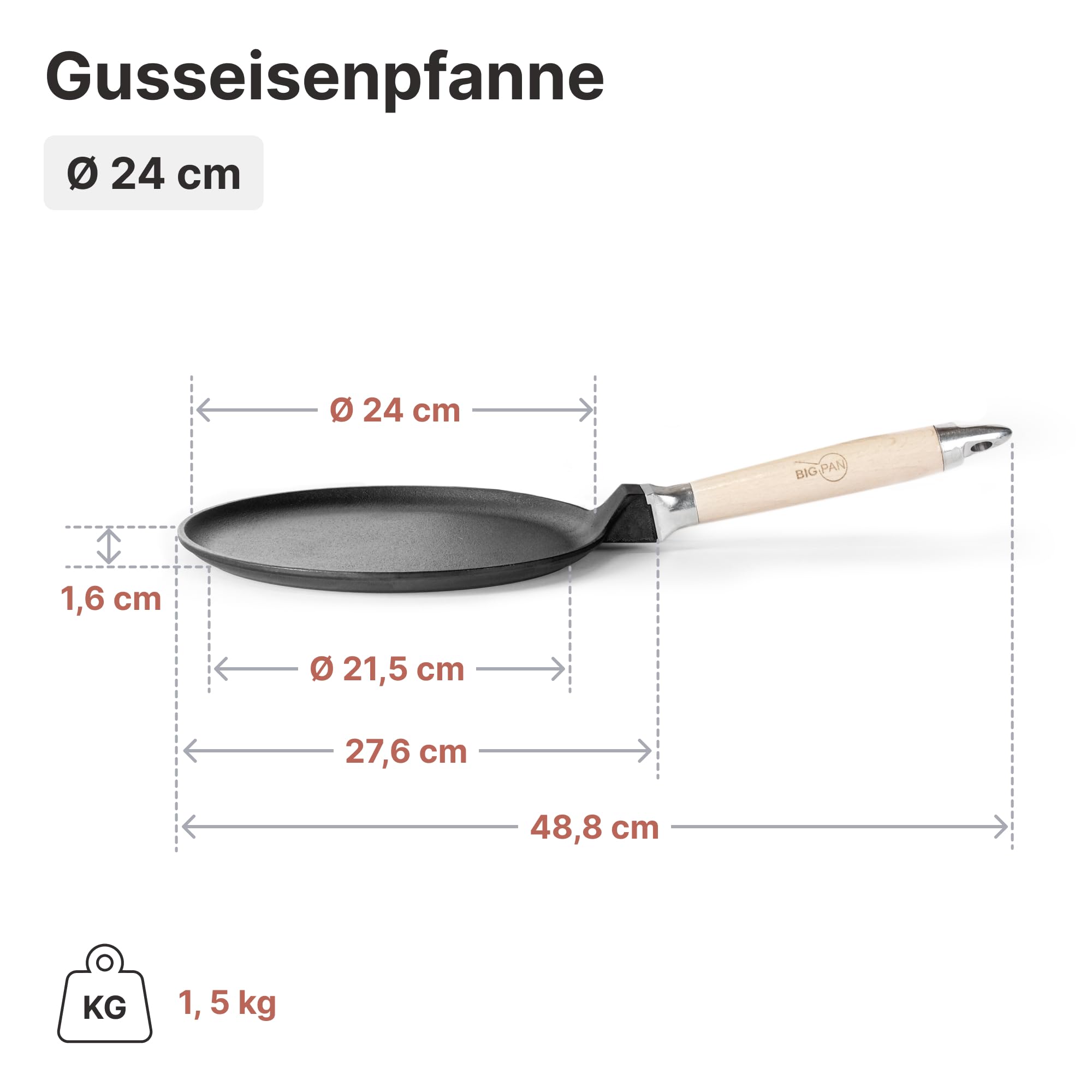 4BIG.fun Padella per pancake, Ø 24 cm, in ghisa per crepes/frittelle, padella per omlette, padella per frittelle, padella per crêpes, padella per crepe per tutti i piani cottura, con induzione