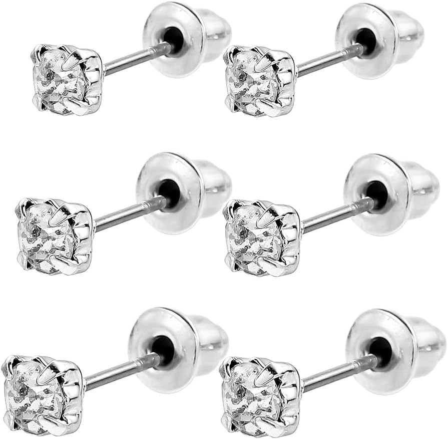 3 Pair Hypoallergenic Cartilage Earrings Set - 3mm CZ & Rhinestone Threadless Push-Pin Studs, Surgical Steel for Sensitive Ears, Dainty Gift for Women