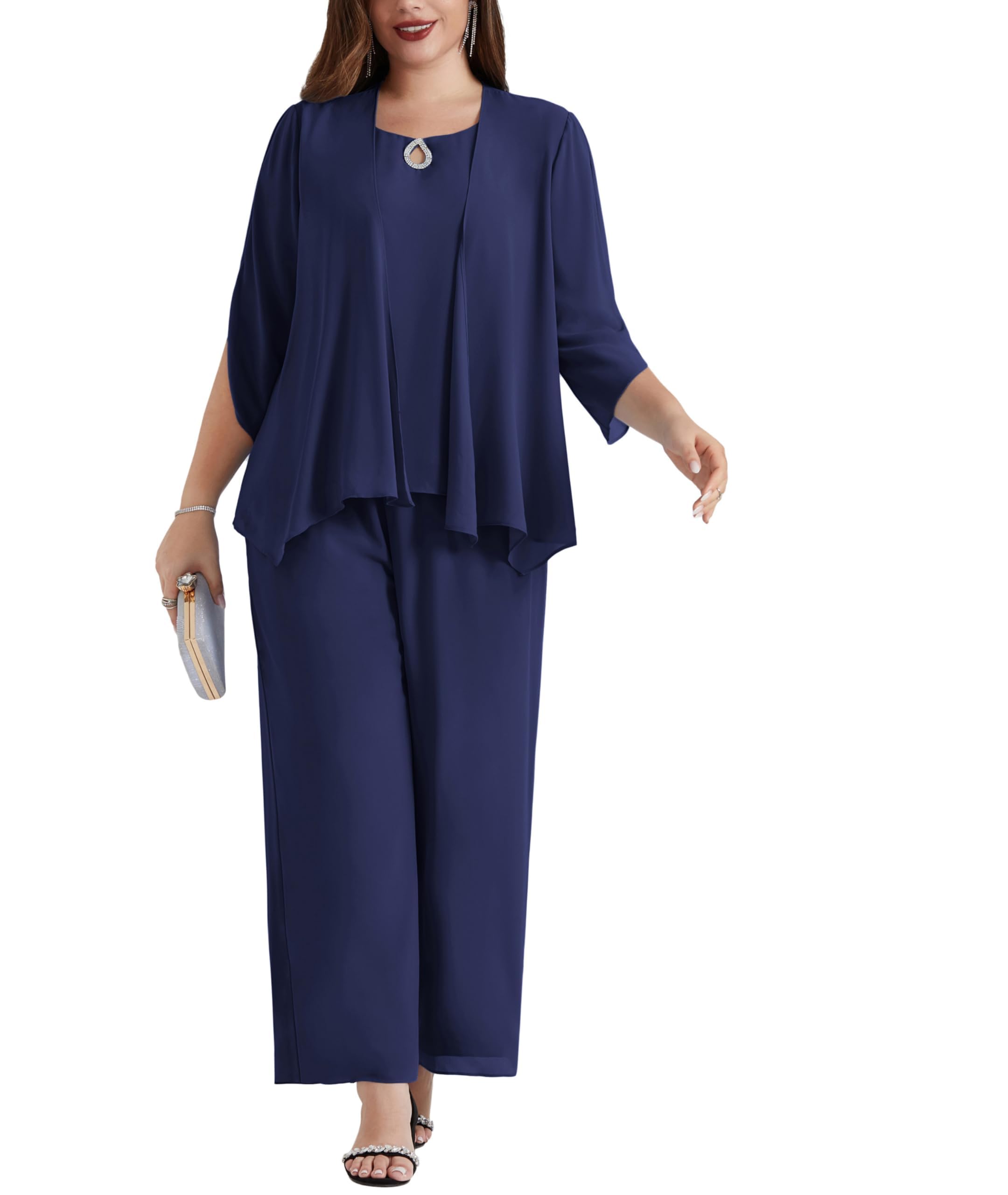 Hanna Nikole Ensemble 3 pièces en mousseline de soie pour femme - Grandes tailles - Pour cocktail, fête, fête - Élégant - Avec t-shirt et taille haute - Pantalon