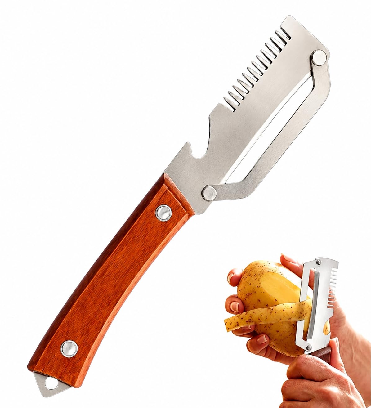Vegetable Peeler with Bottle Opener, Stainless Steel Blade, Ergonomic Wooden Handle, Heavy Duty Kitchen Tool (3 in 1 Peeler)
