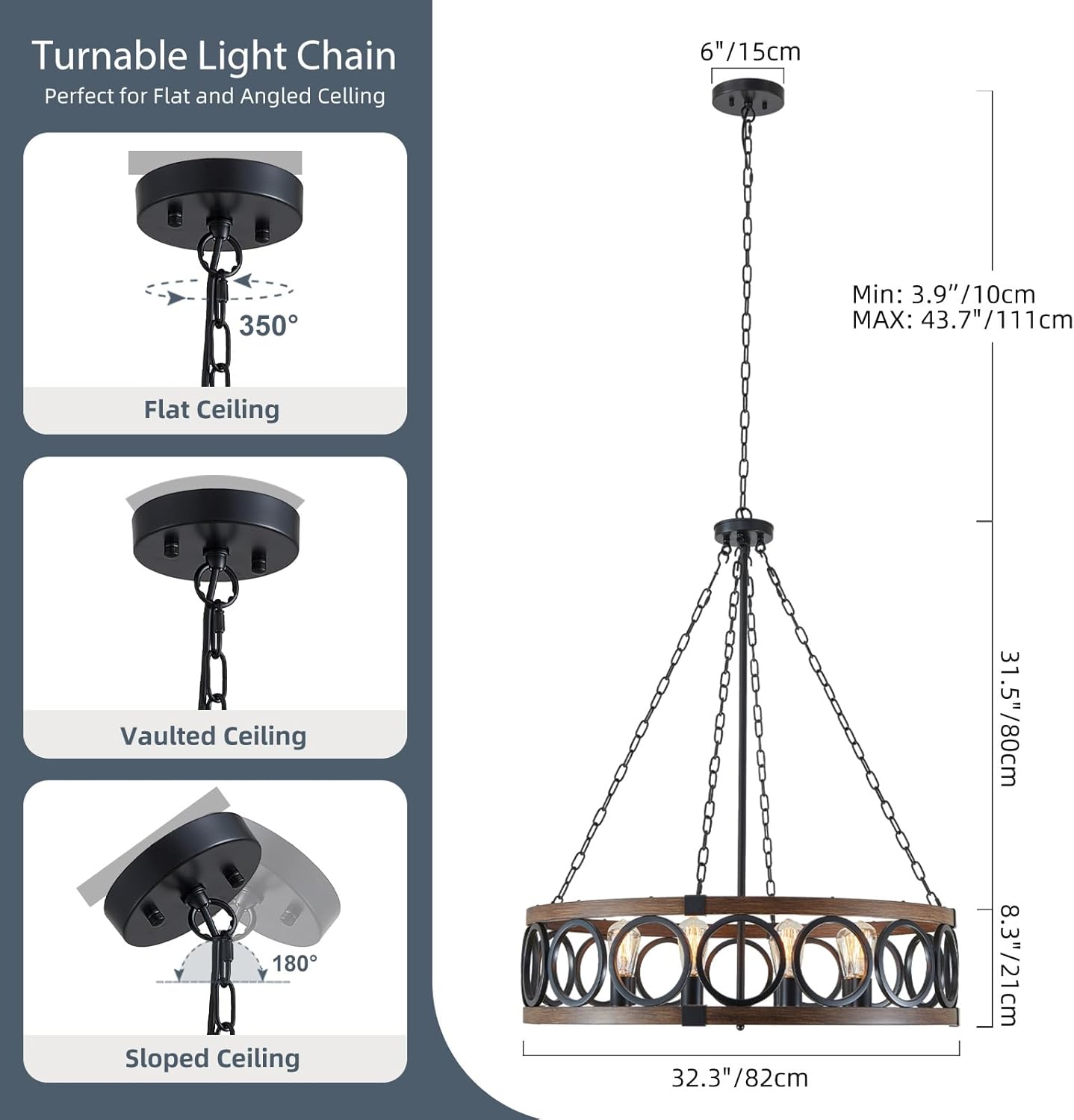XINGQI 32.3" Large Drum Chandelier Farmhouse Black 8 Light Modern Rustic Pendant Lighting Fixture for Living Room Dining Room Kitchen Island Bar Office