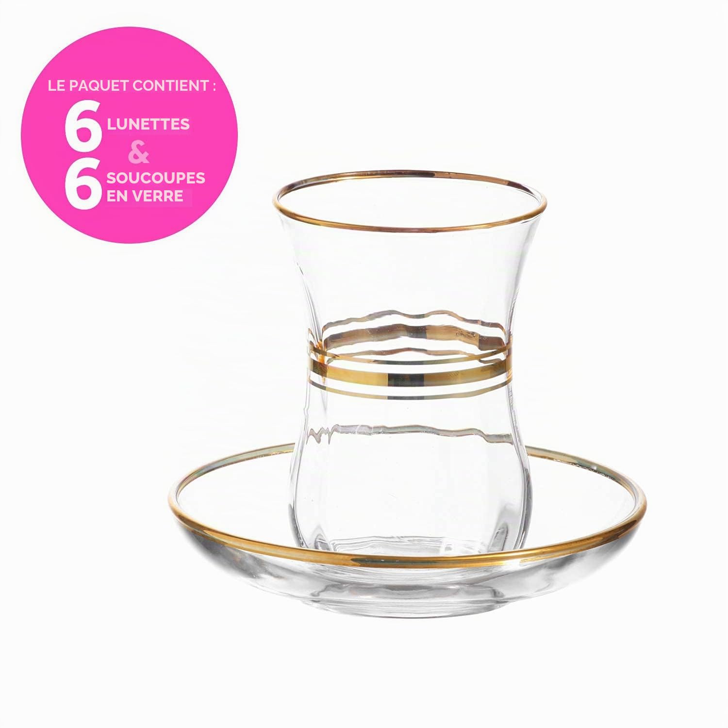LAV Service à thé turc – 12 pièces tasses et soucoupes avec bord doré – Verres authentiques pour l'heure du thé