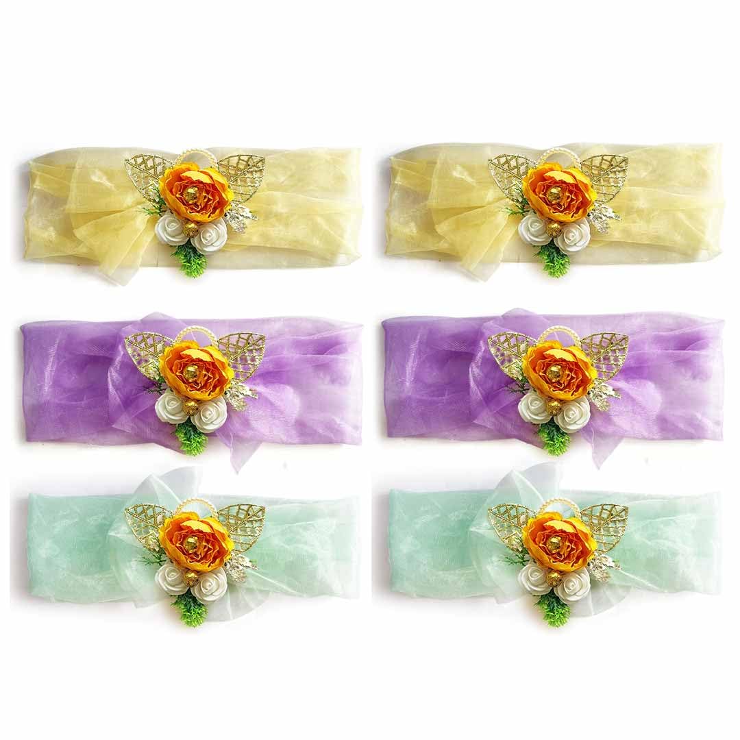 ADIKALA™ Set of 6 Prepared Ready to use Net Band with Big Peony Foam Flower Bunch For Wedding Trousseau Packing, Gifting Tray Decoration, Trolly Bag Decor, Diwali Gift Decor (Orange D2)-image-32