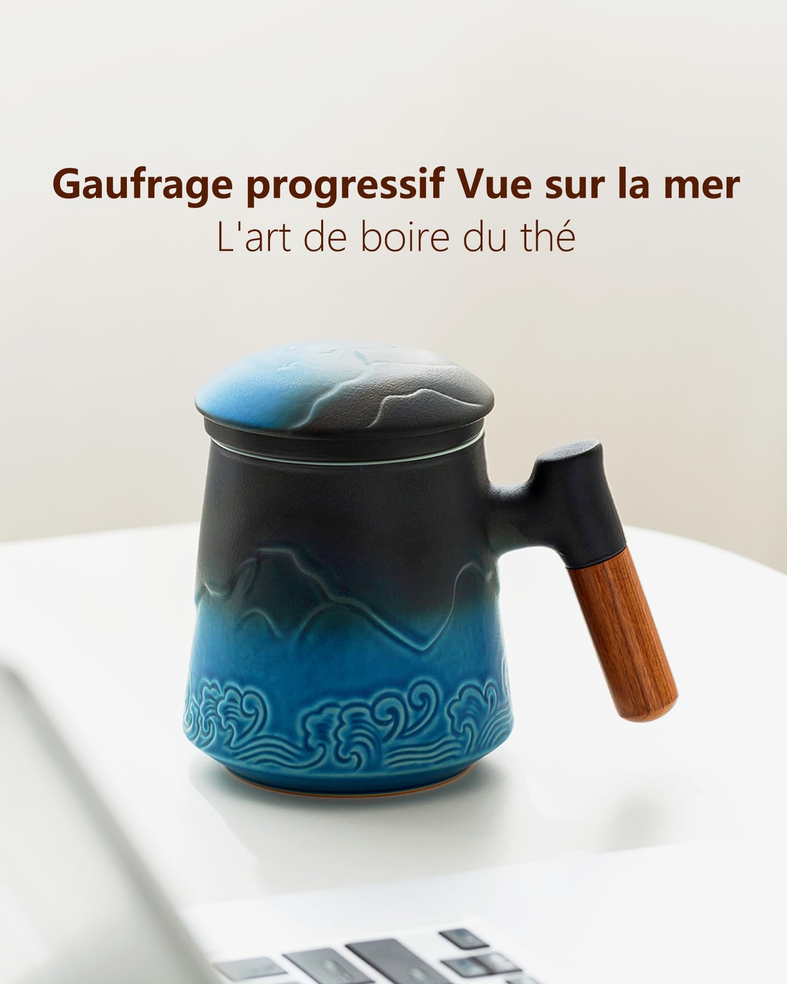 ZENS Taza de té con infusor y tapa, 500 ml - Taza de cerámica con relieve para té de hojas, mango de madera - Taza con filtro para amantes del té, azul