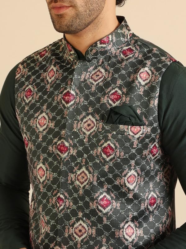 Image of KISAH Men's Kurta Jacket Churidar Set, Bottle Green Silk Blend, Embroidered Regular Fit Mandarin Collar Long Sleeves