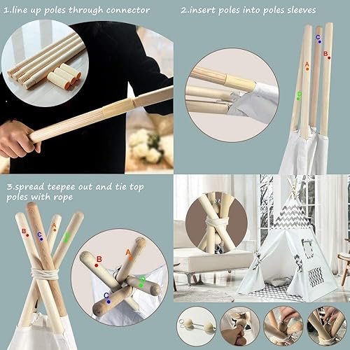 Vista 13 de Tienda de campaña tipi para niños para interiores y exteriores, tienda de campaña tipi de lona, tipi de rayas grises Tipi de rayas grises,Azul